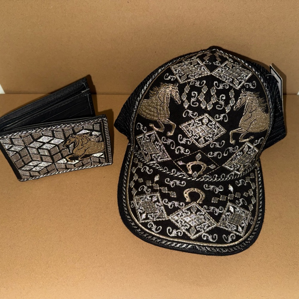 Black and Gold Embroidered Cap and Wallet Set